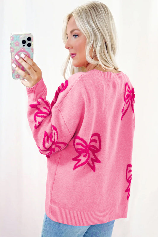 Ariana Pink Bow Pattern Drop Shoulder Loose Sweater