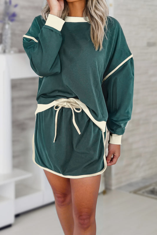 Chloe Evergreen Color Contrast Loose Pullover and Lace-up Waist Skort Set