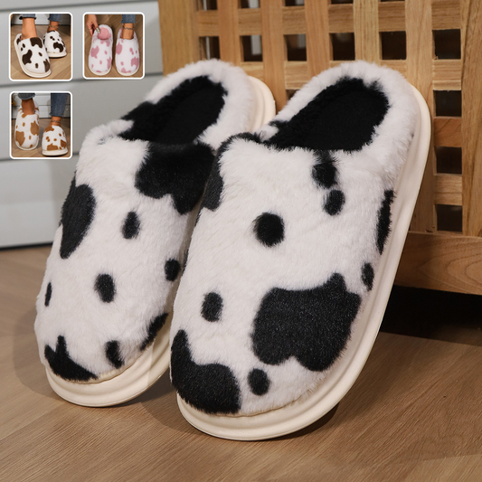 Cute Cow Spotted Plush Slippers Winter Warm Non-slip Fuzzy Slipper Women House Shoes