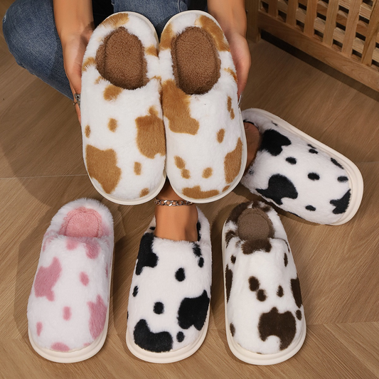 Cute Cow Spotted Plush Slippers Winter Warm Non-slip Fuzzy Slipper Women House Shoes