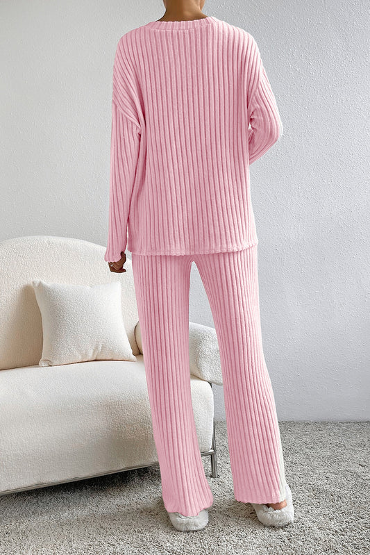 Amber Light Pink Ribbed Knit V Neck Slouchy Two-piece Outfit