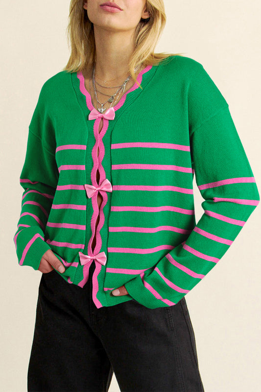 Celeste Green Stripe Ribbon Cute Bow Detail Sweater Knit Cardigan