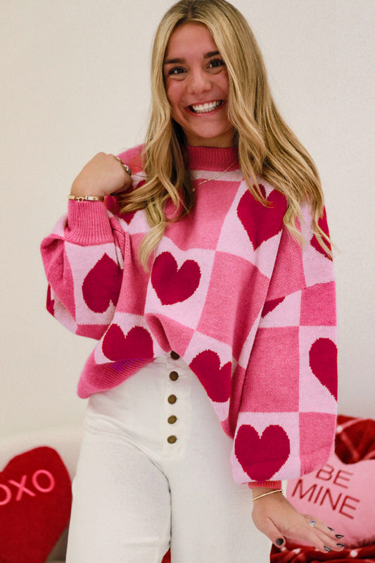 Daphne Pink Love Heart Checkered Valentine Crew Neck Sweater