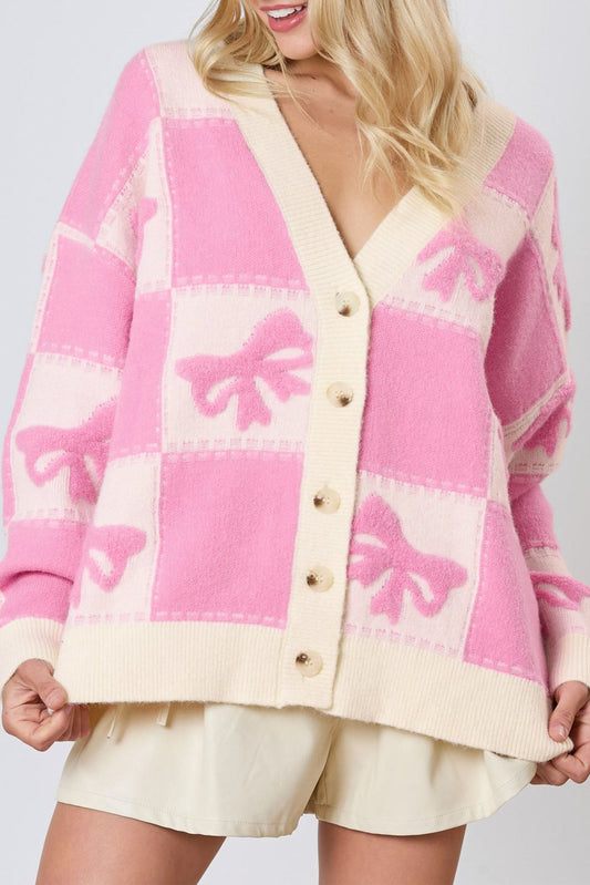 Alexandra Pink Bowknot Checkered Pattern V Neck Drop Shoulder Button Up Cardigan