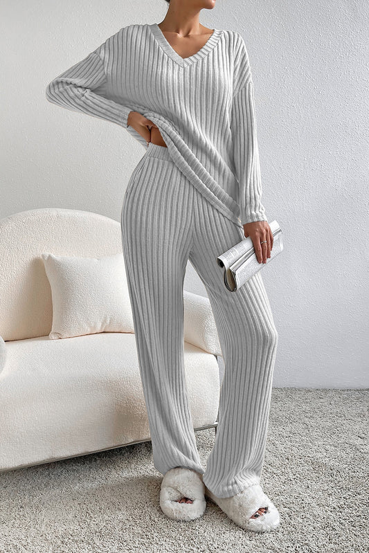 Nicole Light Grey Ribbed Knit V Neck Slouchy Two-piece Outfit