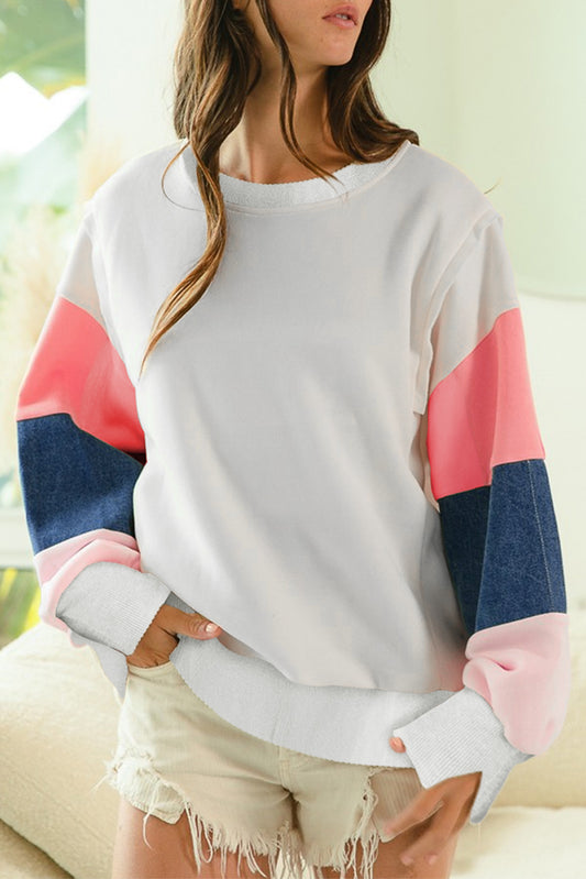 Everleigh White French Terry Color Block Long Sleeve Top