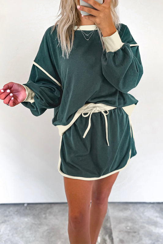 Chloe Evergreen Color Contrast Loose Pullover and Lace-up Waist Skort Set