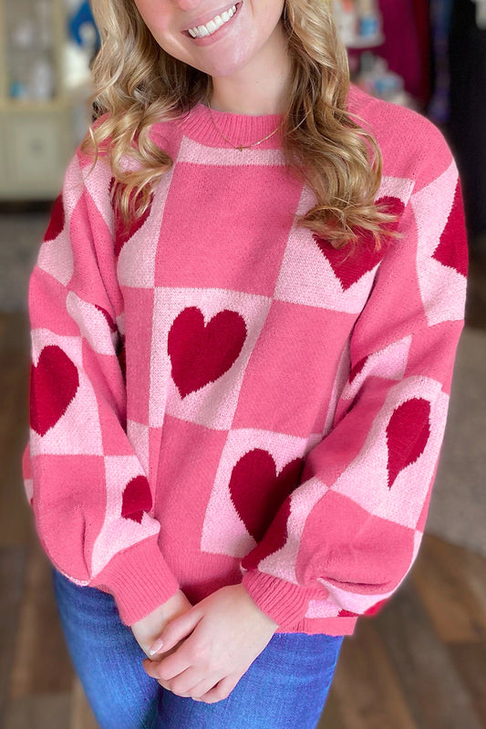 Daphne Pink Love Heart Checkered Valentine Crew Neck Sweater