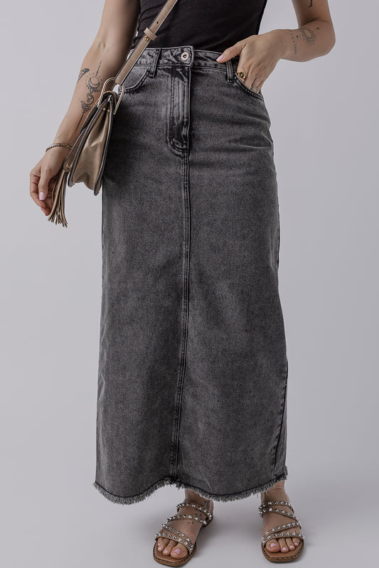 Lizbeth Dark Grey Denim Raw Hem Back Split High Waist Long Skirt