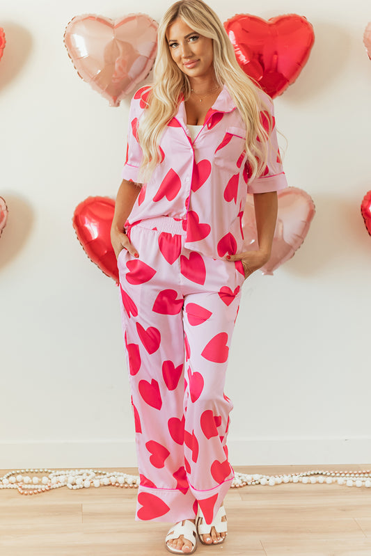 Roxanne Pink Classic Hearts Short Sleeve Pants Pajamas Set