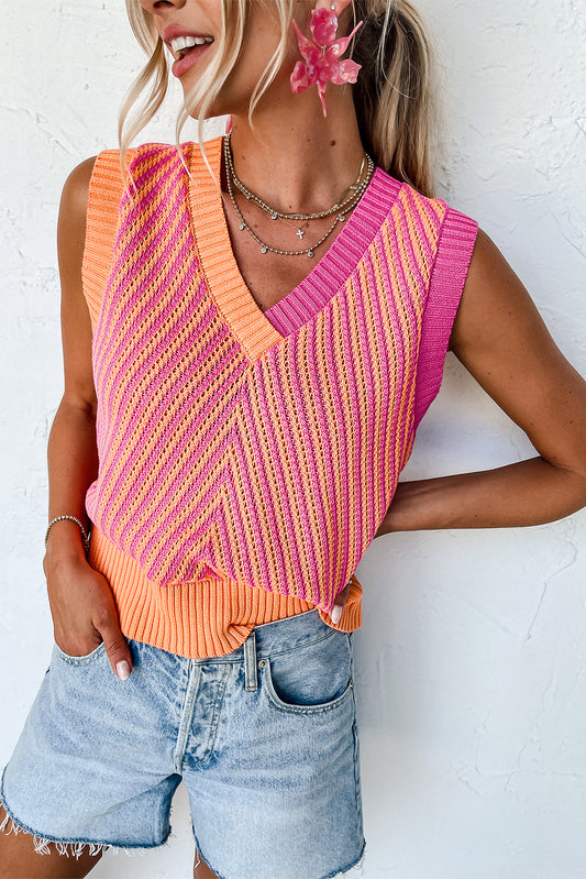 Emerie Strawberry Pink Contrast Chevron Knit V Neck Sweater Vest