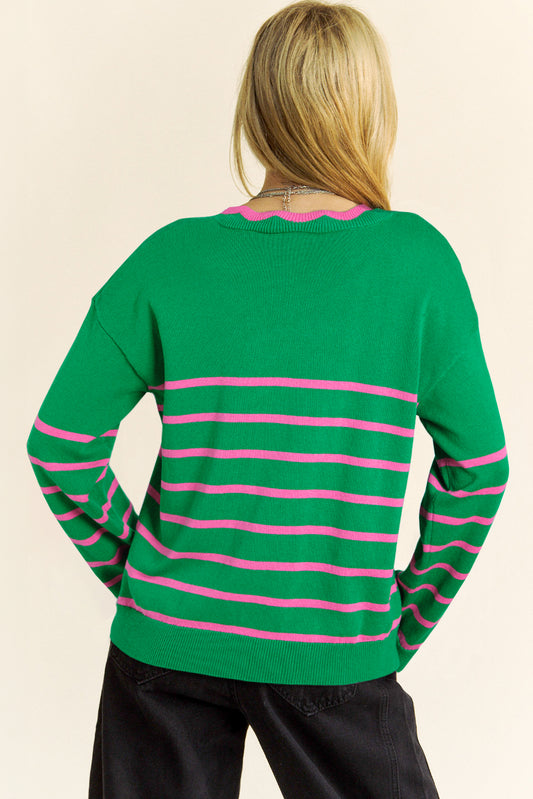 Celeste Green Stripe Ribbon Cute Bow Detail Sweater Knit Cardigan