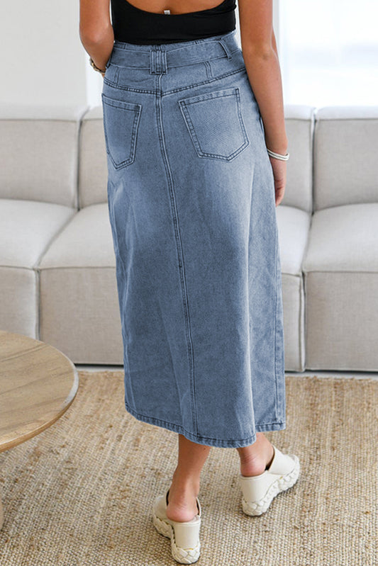 Juliette Dusk Blue Light Wash Belted High Waist Midi Denim Skirt