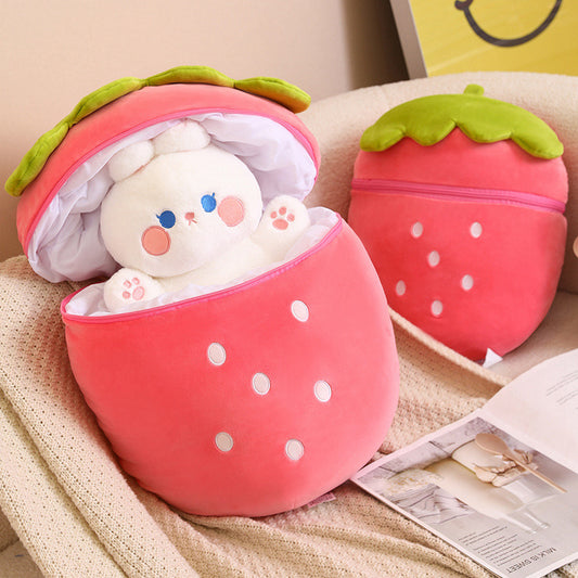 White Bunny Hiding Inside Pink Strawberry Plush