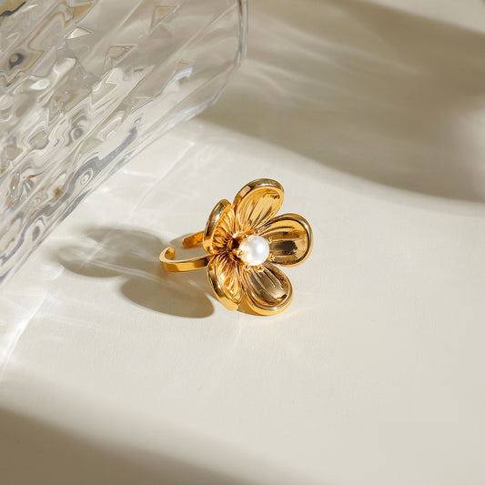 Adjustable Flower Pearl Ring