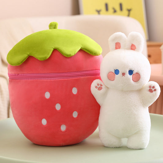 White Bunny Hiding Inside Pink Strawberry Plush