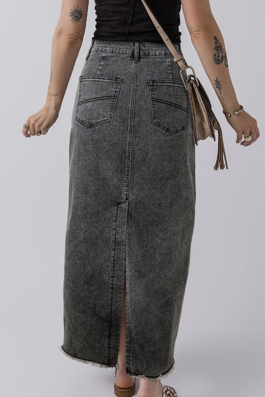 Lizbeth Dark Grey Denim Raw Hem Back Split High Waist Long Skirt