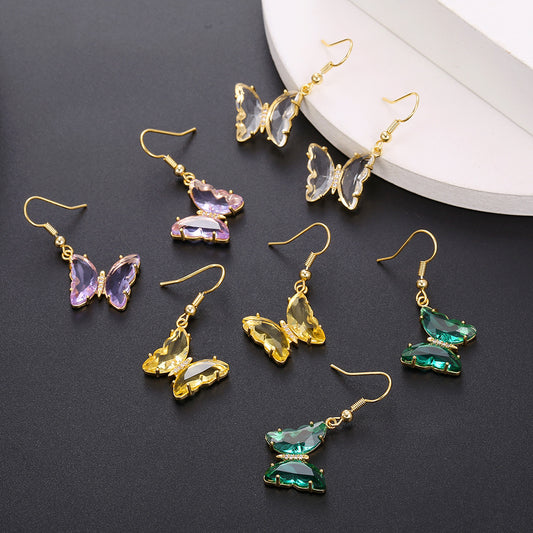 Butterfly Glass Drop Dangle Earrings for Women Teen Girls 925 Sterling Silver Post Pin Cubic Zirconia Golden Plated Hypoallergenic Nickel Free Cute Dainty Jewelry