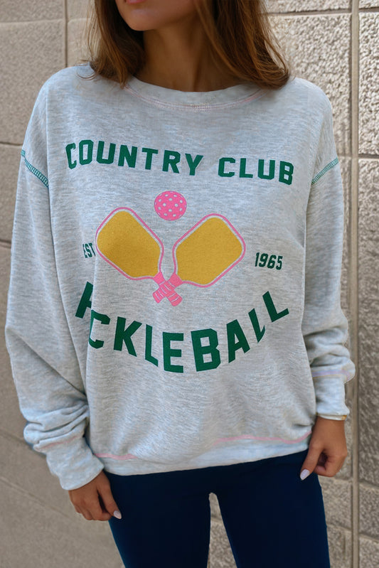 Baisy Light Grey Country Club PickleBall Graphic Exposed Stitching Casual Sweatshirt