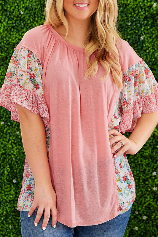 Avery Pink Plus Size Floral Patchwork Ruffled Short Sleeve Blouse