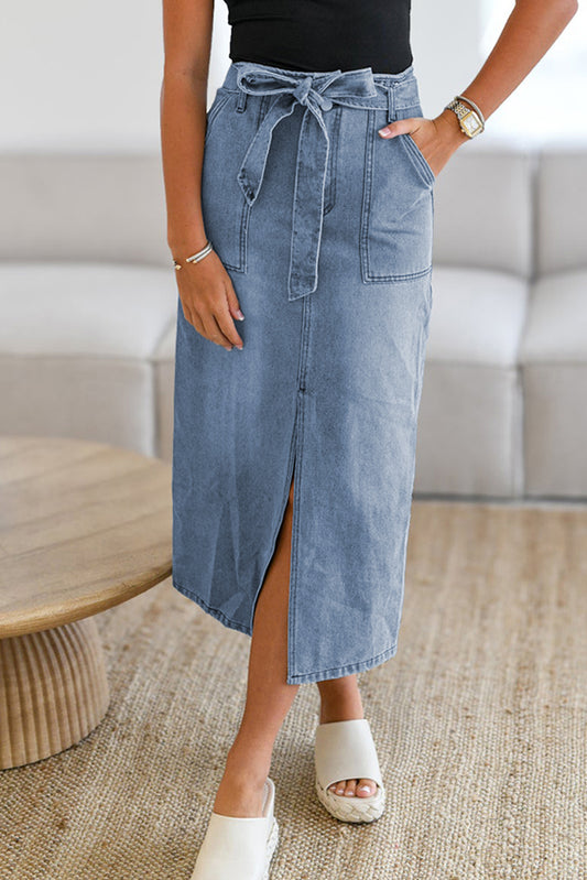 Juliette Dusk Blue Light Wash Belted High Waist Midi Denim Skirt