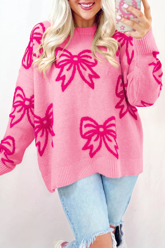 Ariana Pink Bow Pattern Drop Shoulder Loose Sweater