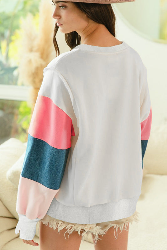 Everleigh White French Terry Color Block Long Sleeve Top