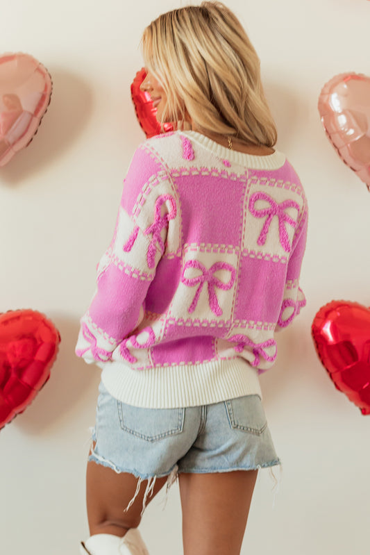 Madison Pink Bow Knot Two Tone Checkered Crew Neck Sweater